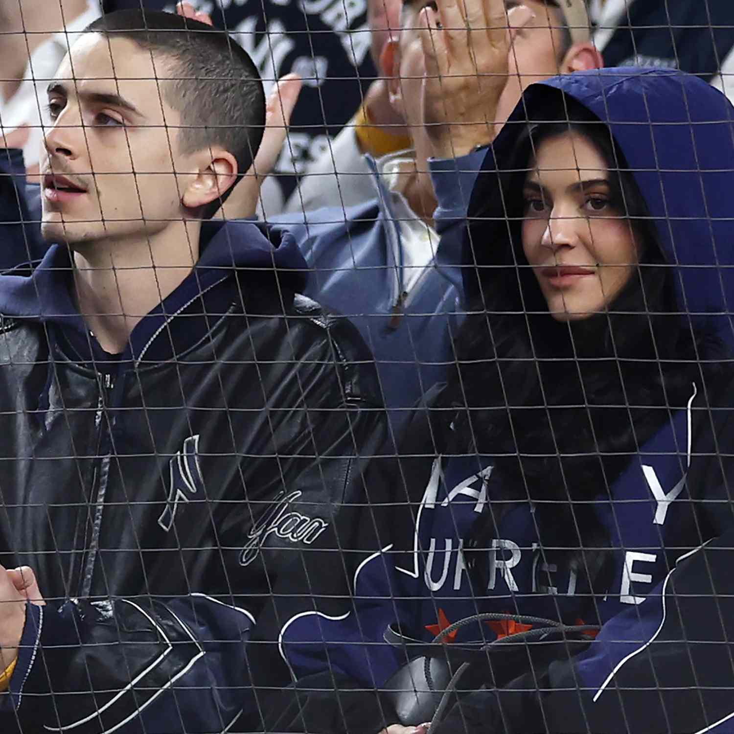 Timothée Chalamet and Kylie Jenner look on during the seventh inning of game four of the American League Division Series between the New York Yankees and the Toronto Blue Jays