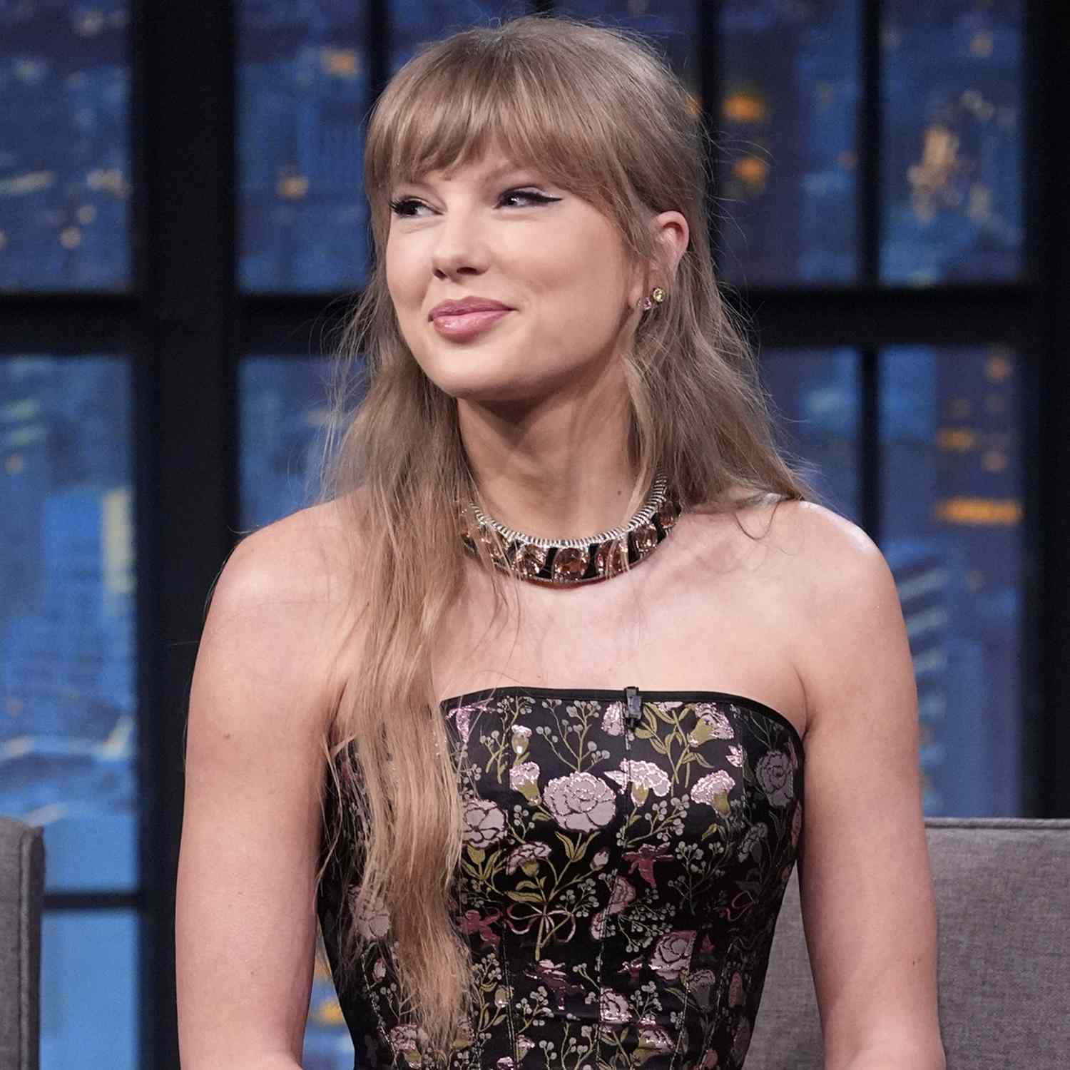 Taylor Swift during an interview with host Seth Meyers