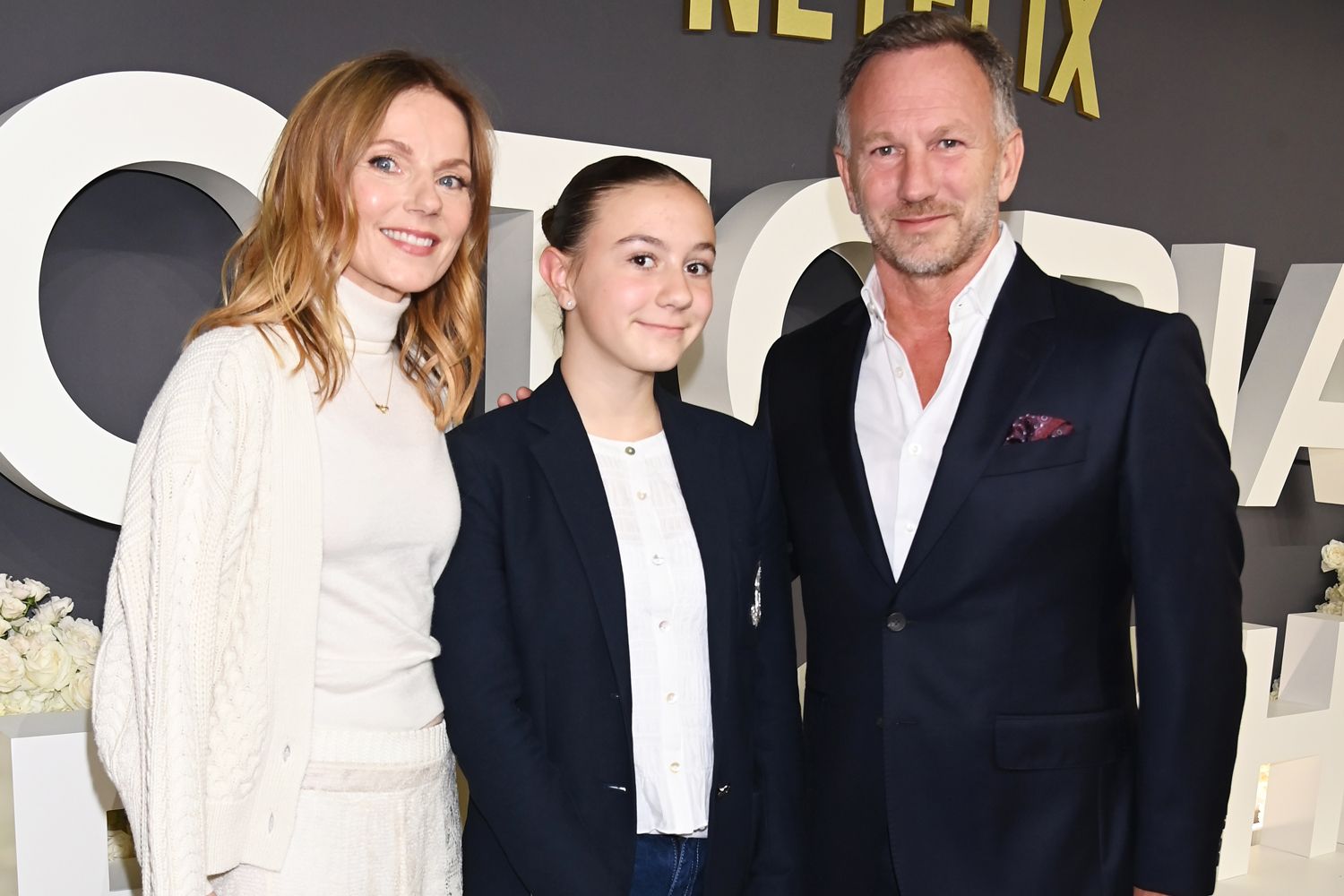 Geri Halliwell-Horner, Olivia Horner and Director of Red Bull Racing Christian Horner attend the World 