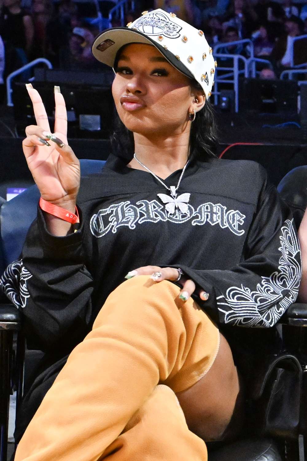 Jordan Chiles attends a basketball game between the Los Angeles Lakers and the Golden State 
