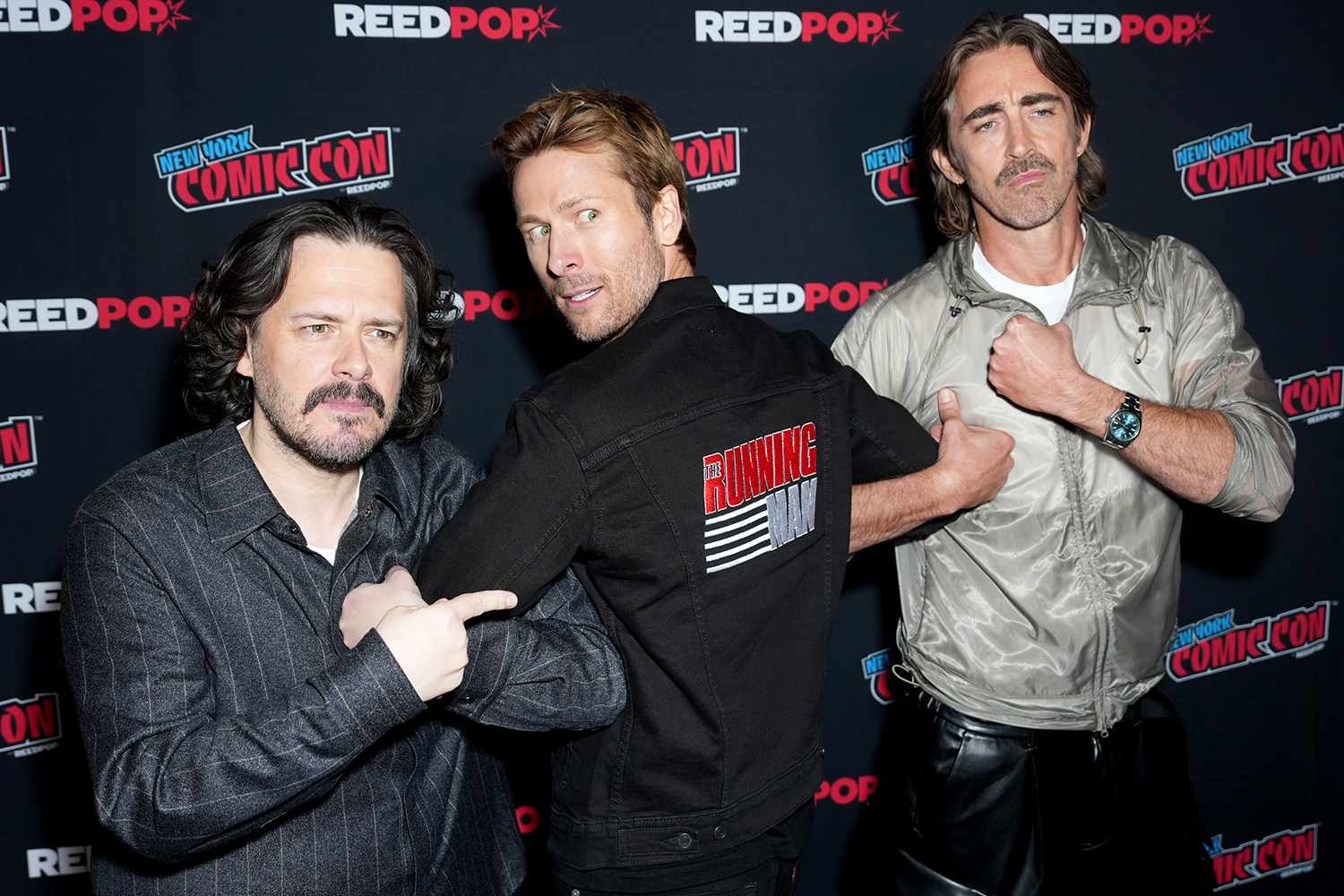 Edgar Wright, Glen Powell and Lee Pace attend "The Running Man" New York Comic Con Presentation at the Javits Center on October 10, 2025, in New York, New York.