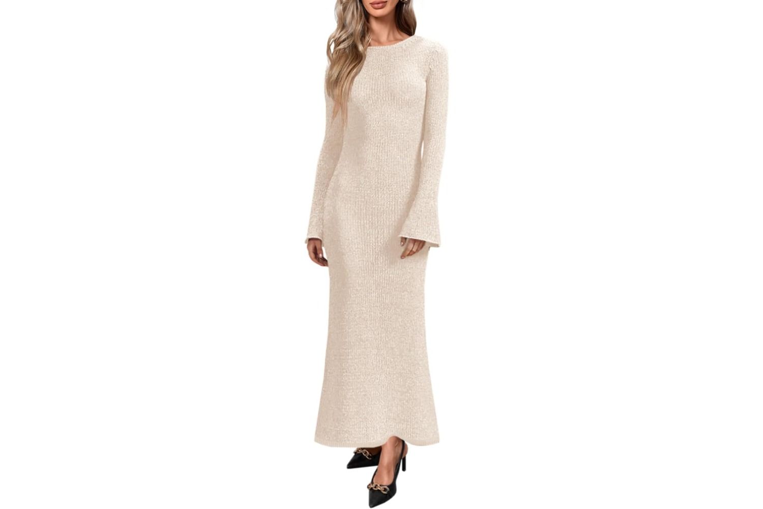 Yousify Womens Bell Long Sleeve Maxi Dress Casual Crewneck Knit Slim Fit Flowy Sweater Dresses