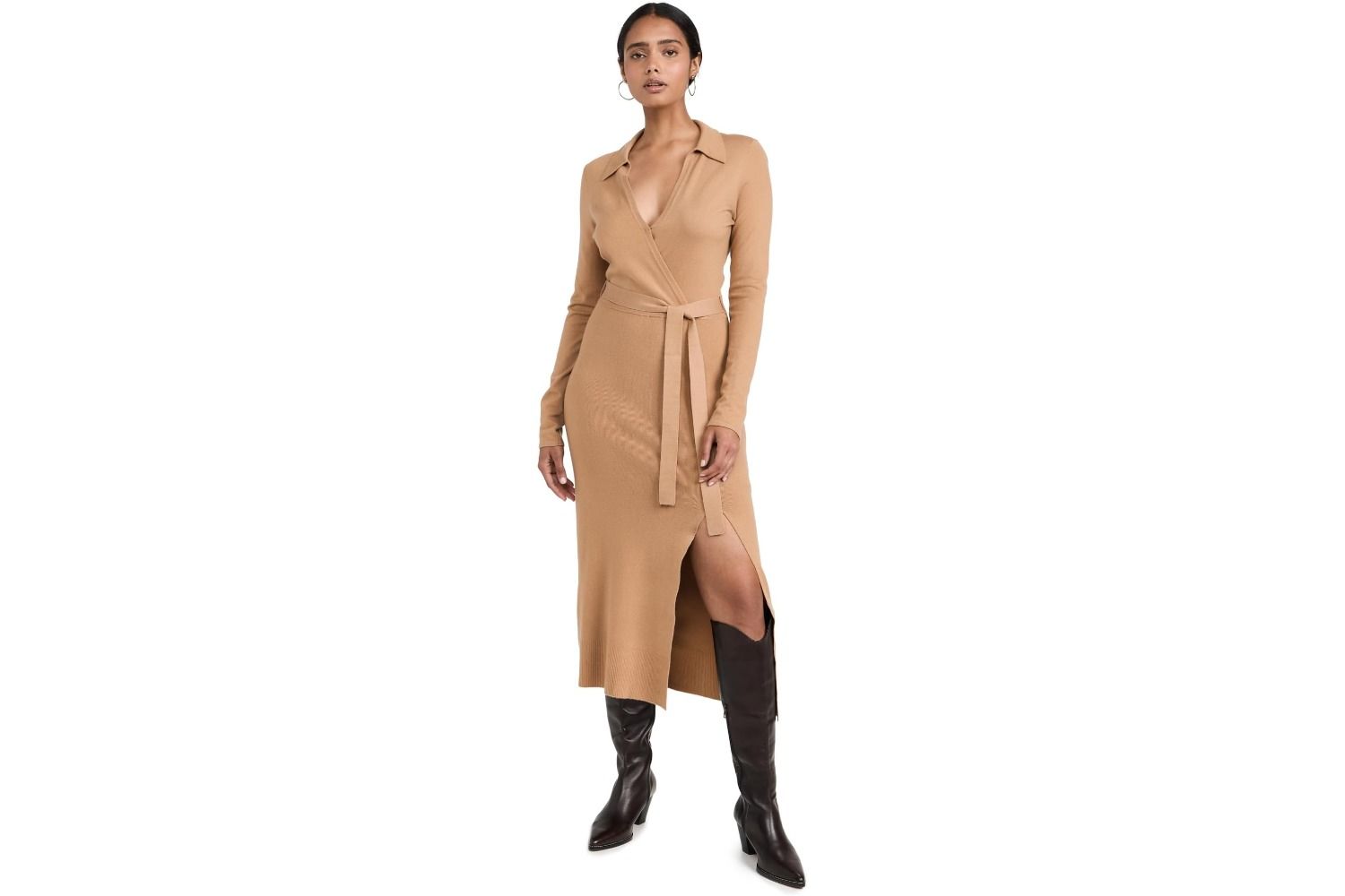 Person modeling a collared sweater dress with a slit tied at the waist