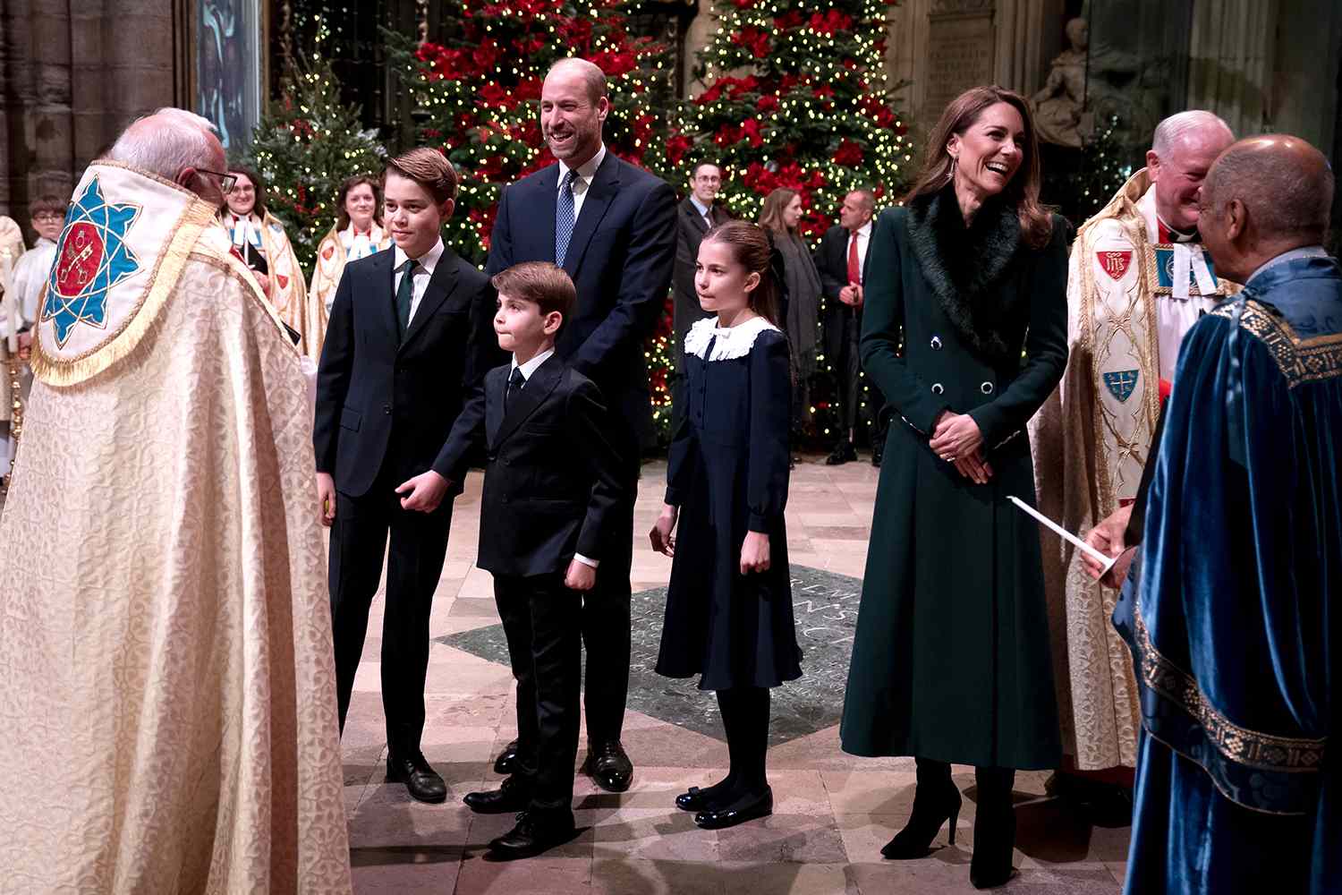 The Prince and Princess of Wales with Prince George, Prince Louis, and Princess Charlotte arriving at Westminster Abbey for the Together At Christmas carol service.