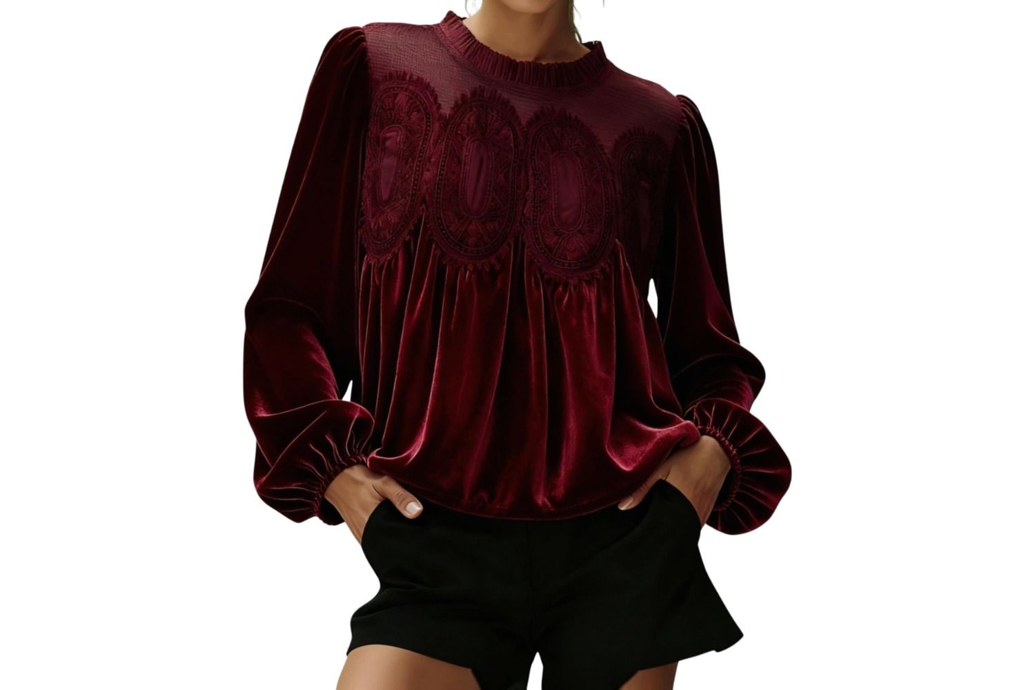 Gozoloma Womens Long Sleeve Velvet Trim Lace Blouse Elegant