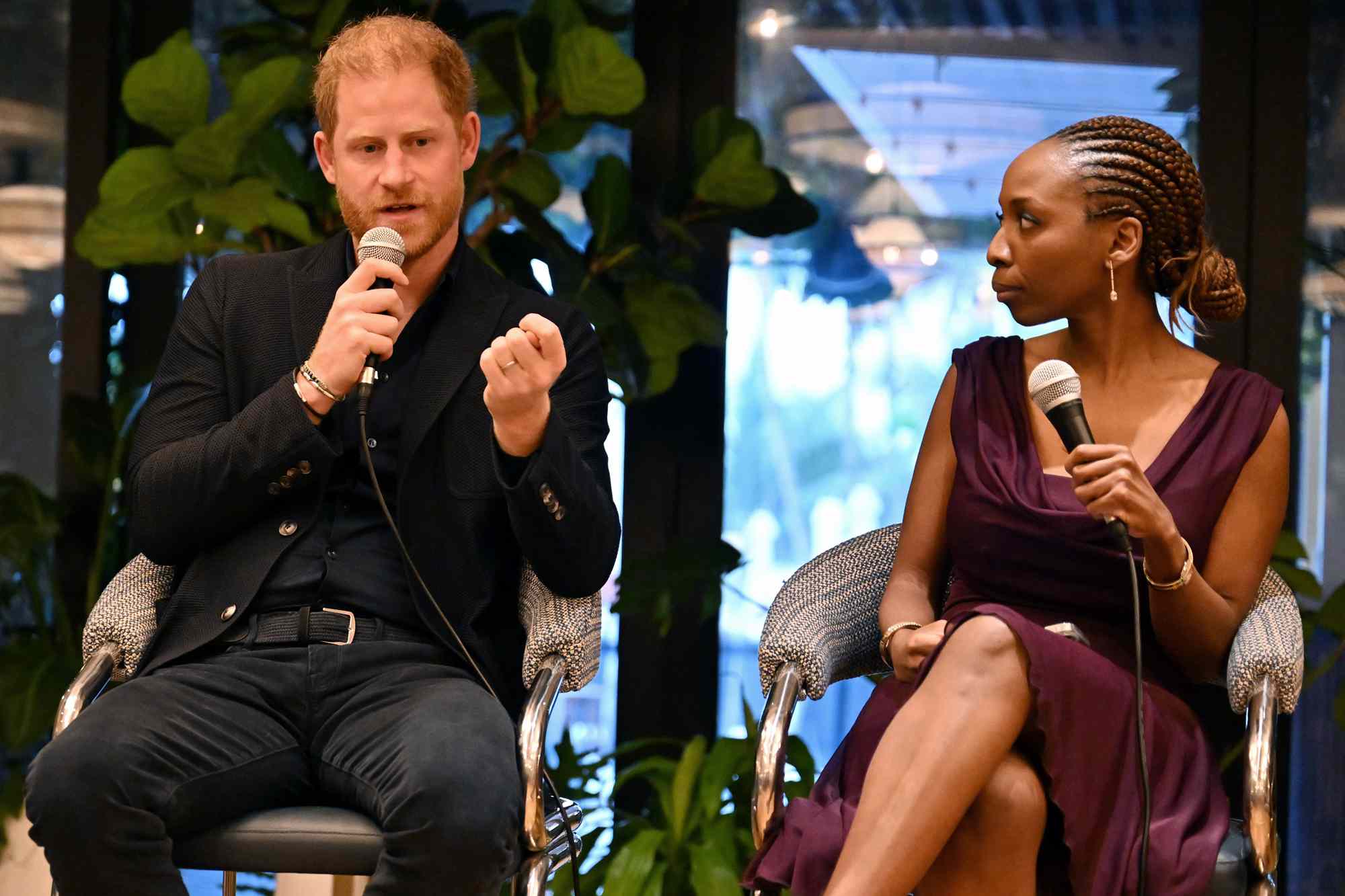 Prince Harry Duke of Sussex and and Dr. Sophie Chandauka peak during the Sentebale Potential is Waiting on April 11, 2024 in Miami Beach, Florida.