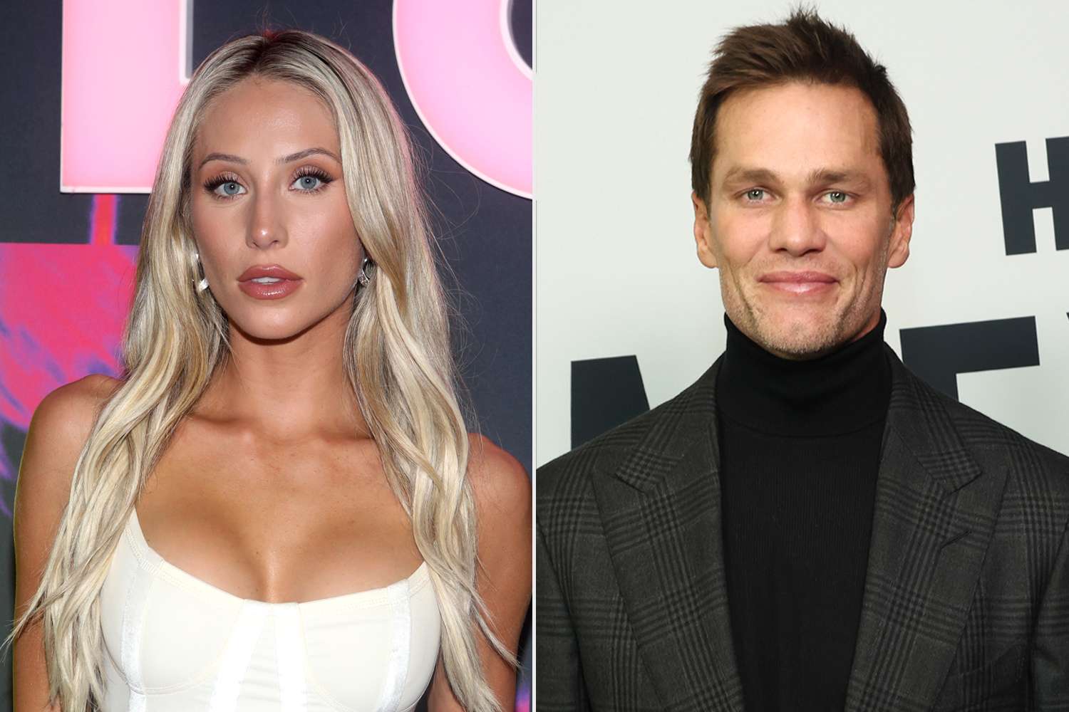 Alix Earle attends the NYLON House At Miami Art Week; Tom Brady (L) and Michael Strahan attend "Alex Vs ARod" New York Premiere